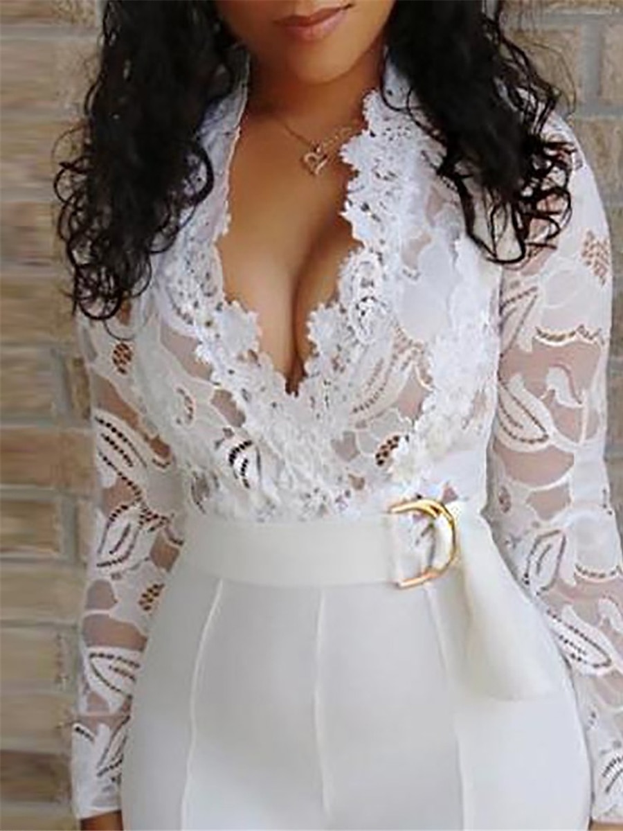 Damen Normal Jumpsuit Elegant Feste Farbe Langarm V Ausschnitt Spitze Hohe Taillenlinie Hochzeit Party Regular Fit Weiß Sommer 2025 - $29.99 –P3