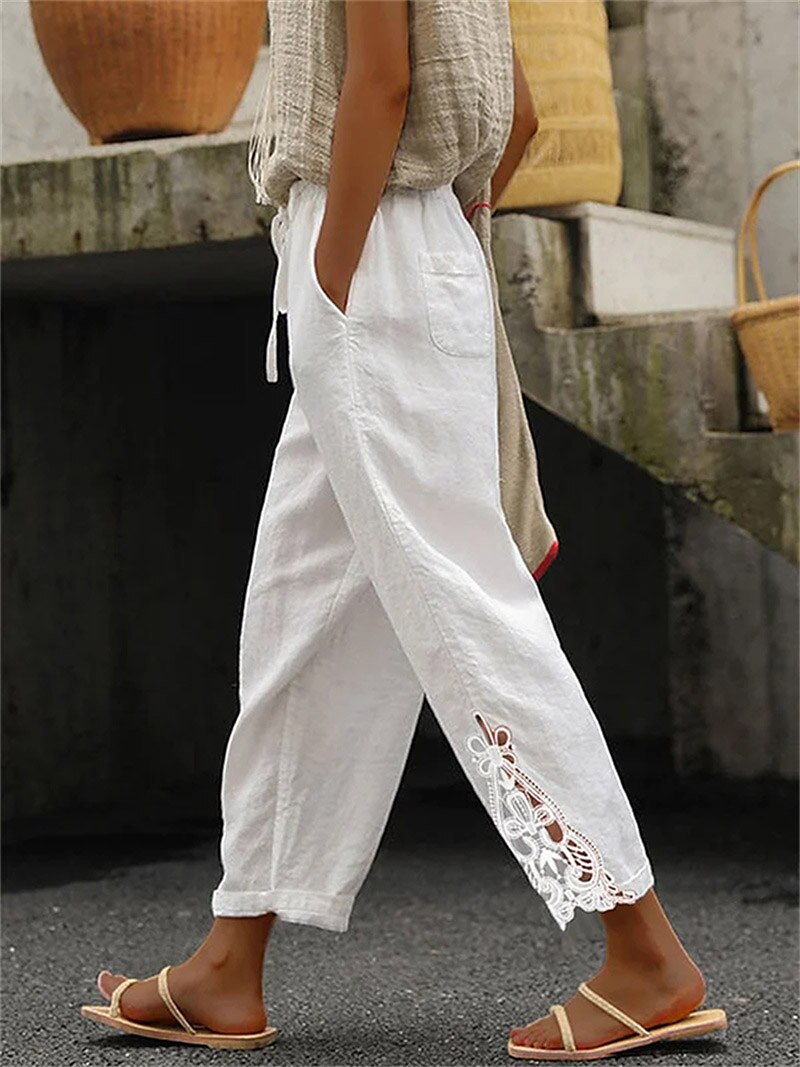 Women's Linen Pants Pants Trousers Baggy Ankle-Length Linen / Cotton Blend Lace Side Pockets Fashion Casual Weekend White S M 2023 - US $22.99 –P1