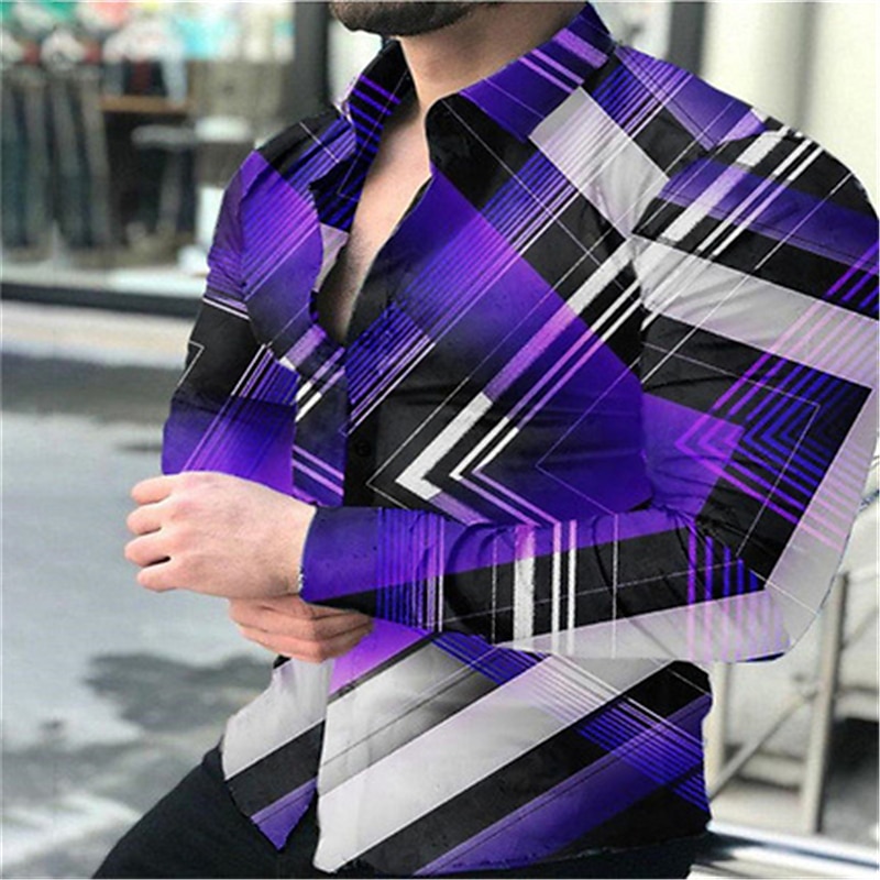 Bărbați Geometrie Cămașă Manșon Lung Modă Șic Stradă Designer În aer liber Casual Zilnic Toamna iarna Răsfrânt Imprimeu Buton în jos Alb Bleumarin Albastru piscină Mov Auriu 2025 - $26.99 –P5