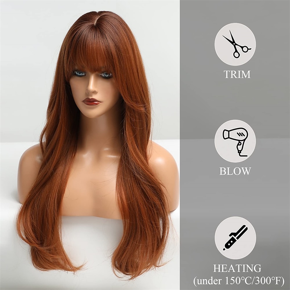 Long Auburn Wig with Bangs Layered Curly Orange Wigs for Women Natural Synthetic Wigs for Daily Use 2025 - $34.99 –P5