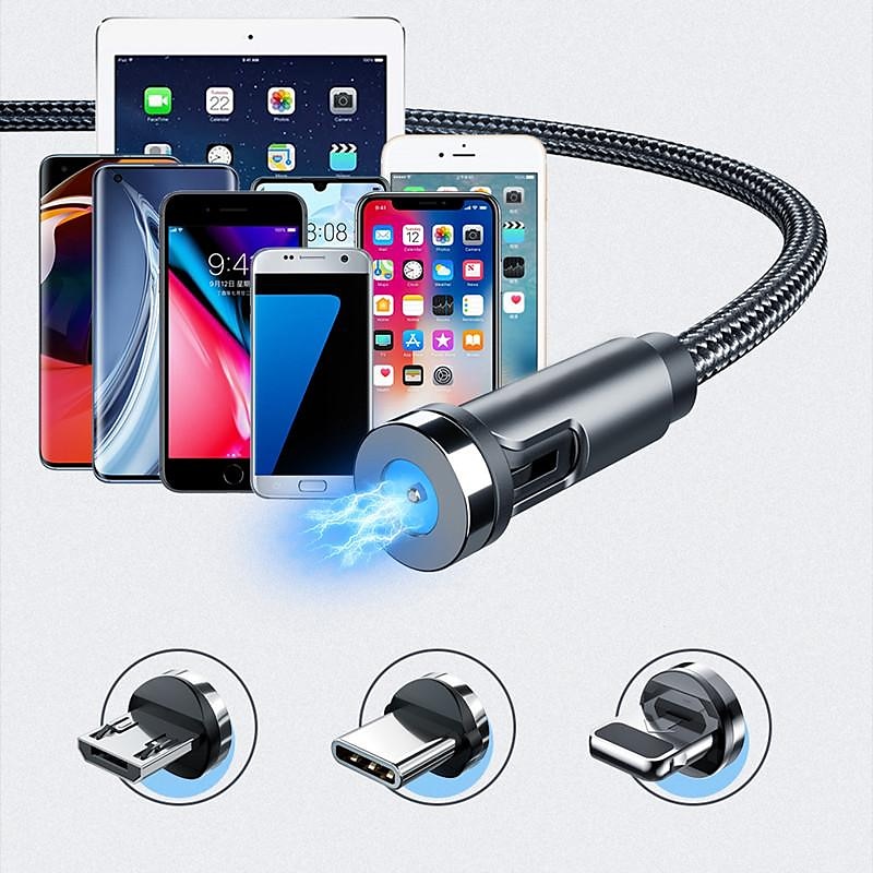 כבל טעינה רב מגנטי 5a 3.3ft 6.6ft usb a to lightning/micro/type c טעינה מהירה 3 in 1 540° מטען טלפון מסתובב כבל usb ניילון קלוע למכשיר iphone/micro usb/type c 2025 - $12.99 –P1