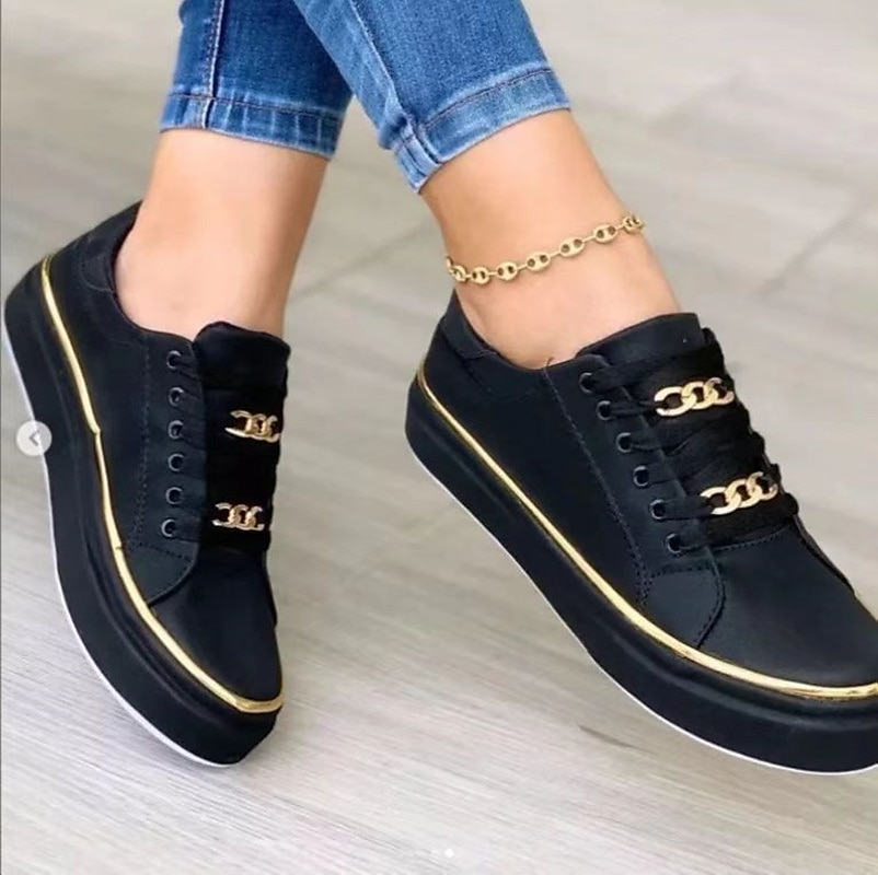 Women's Flats Plus Size Platform Sneakers Daily Solid Color Summer Platform Round Toe Casual Faux Leather Lace-up Black White Gold 2023 - AED 94.99 –P3