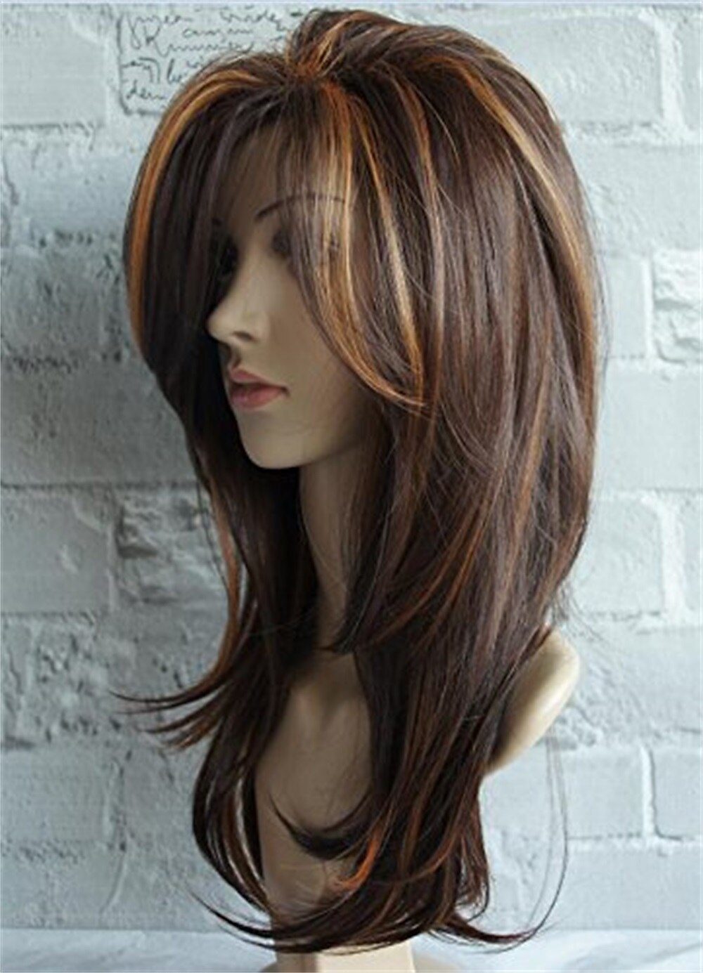 lunga lunghezza della spalla a strati marrone con parrucca evidenziata color cammello fibra di capelli sintetica evidenzia parrucche multicolori per donne bianche del 2025 a $26.99 –P17