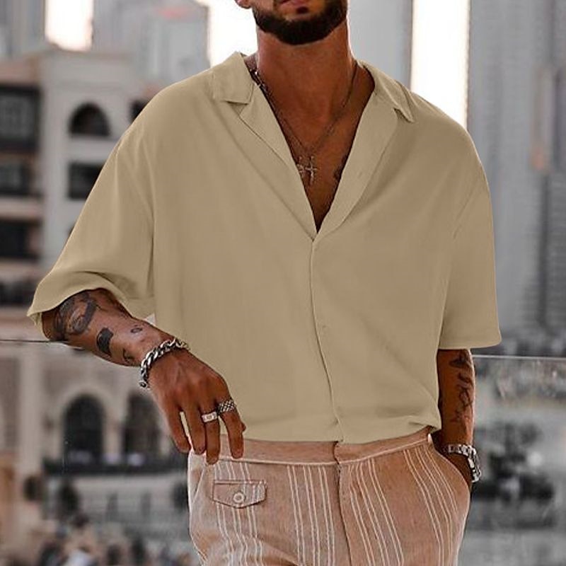 Men's Shirt Cuban Collar Shirt Button Up Shirt Black White Navy Blue Brown Green Short Sleeve Plain Camp Collar Vacation Daily Clothing Apparel Cotton Cotton Blend Fashion Casual Comfortable 2025 - $21.99 –P3