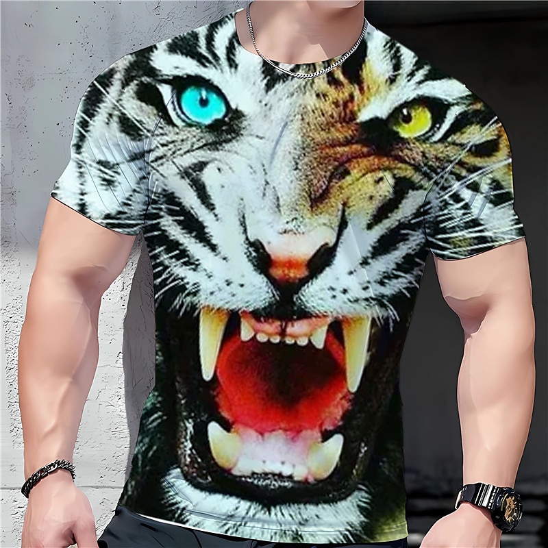 3d Tiger Print Outfits For Men, Casual Crew Neck Short Sleeve T