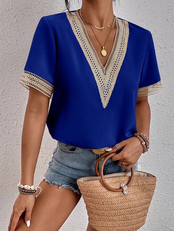 Damen Weiße Elegante Spitzen Tops Loch Bluse T-Shirt Burgunder Tee Schlichte Reguläre Tops Kurze Ärmel V-Ausschnitt Reguläre Passform Täglich Wochenende Romantische Petite Tops Sommer Urlaub Trag 2025 - $16.99 –P11