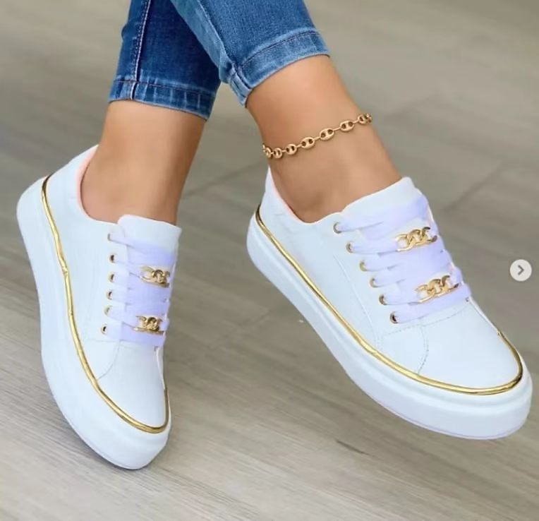 Women's Flats Plus Size Platform Sneakers Daily Solid Color Summer Platform Round Toe Casual Faux Leather Lace-up Black White Gold 2023 - AED 94.99 –P5