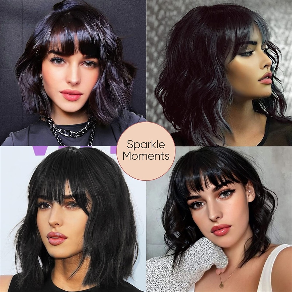 korte wit zilveren pruiken voor vrouwen ombre zwart en grijs krullend pruik met pony halflang synthetisch haar water wave bob pruik grijze kleurrijke pruiken 2025 - $24.99 –P19
