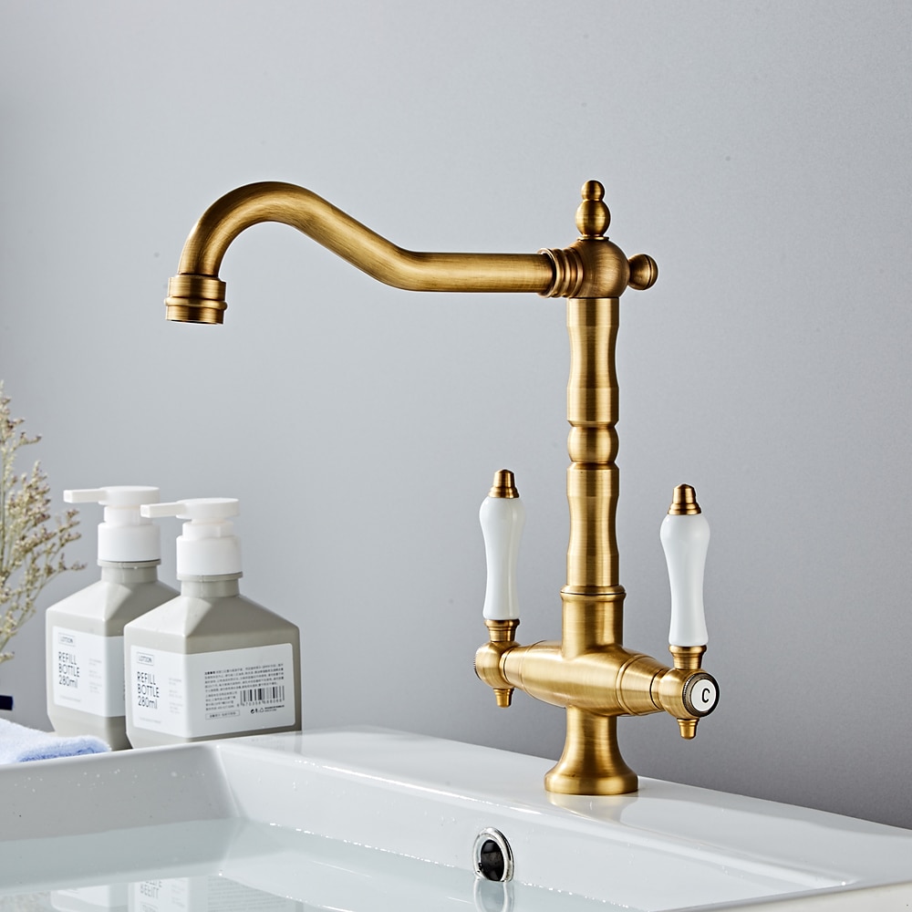 Twin Lever Traditional Kitchen Sink Mixer Taps, Dual Lever Cold and Hot Faucet Deck Mounted, 360° Swivel Spout Sink Tap with 2 Ceramic Handles, Antique Brass Classic Double Handle for Kitchen Bathroom 2025 - $113.99 –P13