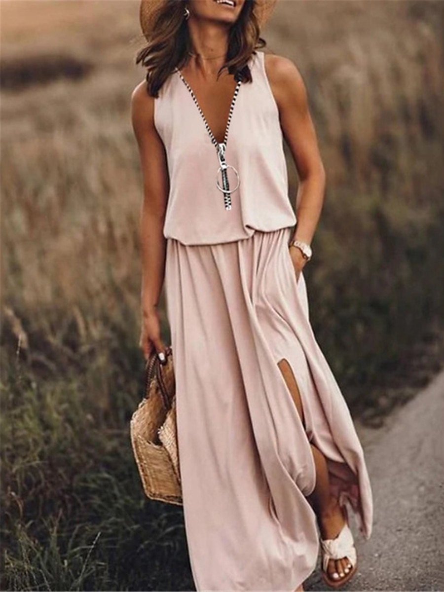 Damen Freizeitkleid einfarbig Reißverschlusstasche V-Ausschnitt Maxi langes Kleid Basic Casual Alltag ärmellos Sommer Frühling 2025 - $33.99 –P3