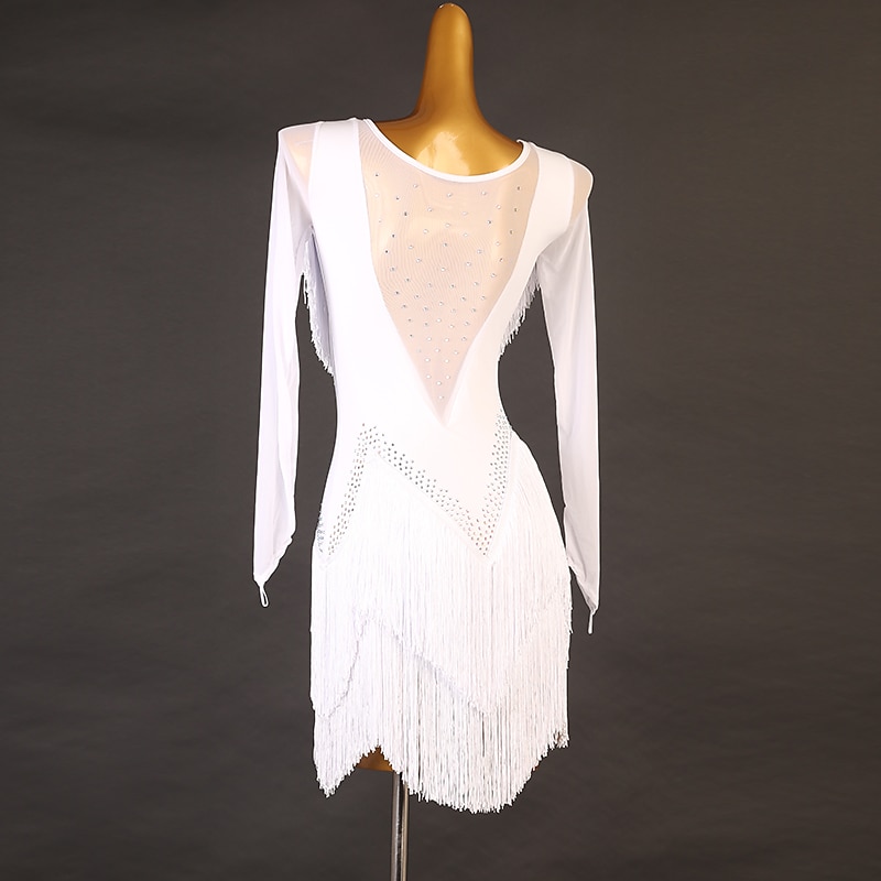dans salsa latinsk dansklänning strass fransad tofs delad led dam prestationsträning långärmad hög spandex tyll 2025 - €169.99 –P5