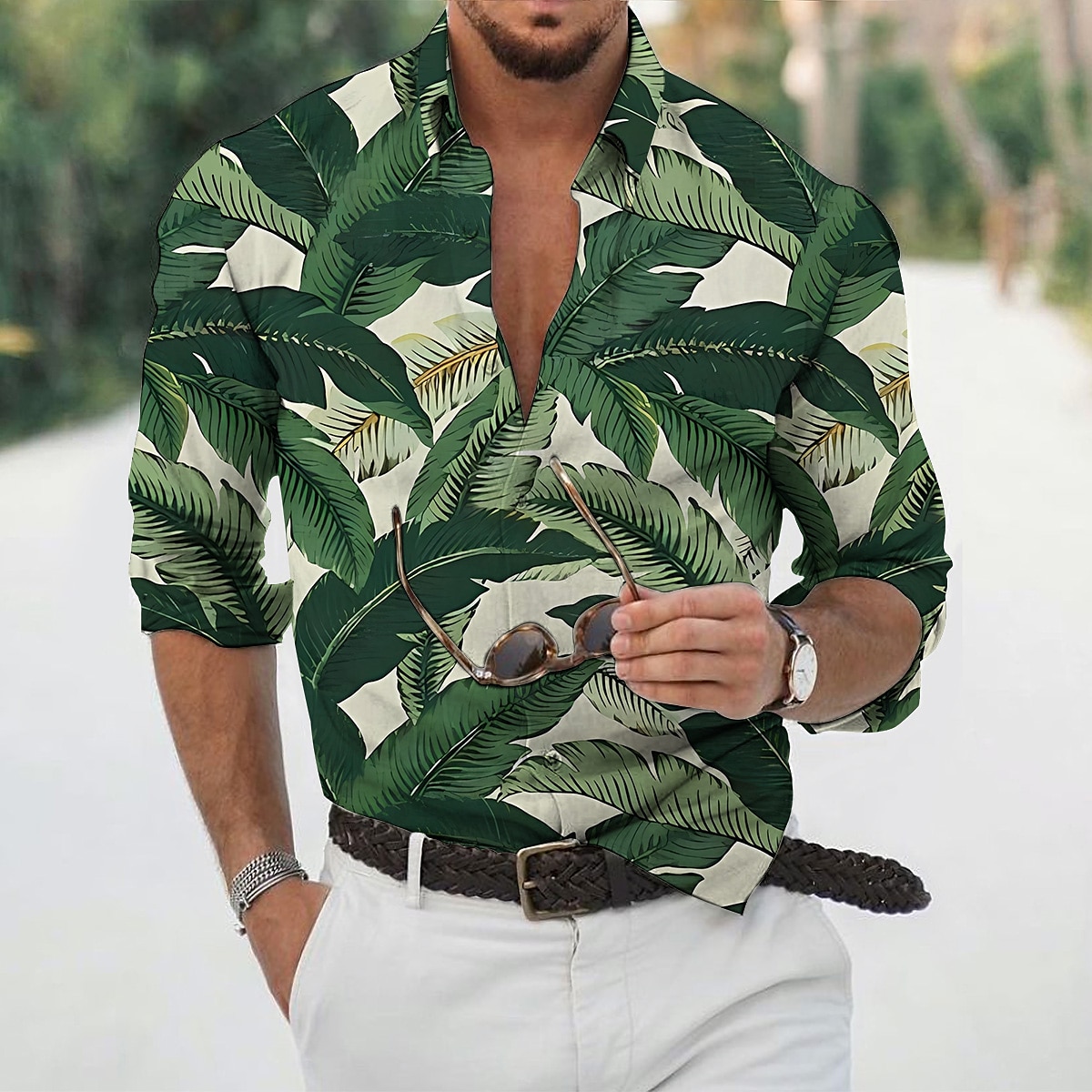 Herren Blätter Tropische Pflanzen Hemd Hawaiihemd Sommerhemd Aloha-Shirt Langarm Hemd Umlegekragen Modisch Designer Brautkleider schlicht Urlaub Täglich Festtage Hellgrün Rosa Dunkelgrün 3D-Druck S M 2025 - $25.99 –P5