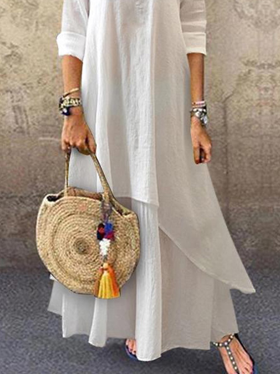 Women's Cotton Linen Dress Casual Dress Swing Dress Maxi long Dress Cotton Blend Basic Casual Outdoor Daily V Neck Ruched Layered Half Sleeve Summer Spring Fall 2023 Loose Fit White Plain S M L XL 2XL 2023 - US $31.99 –P3