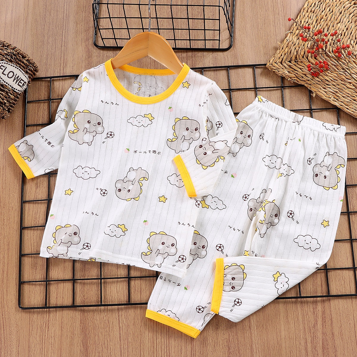 Conjuntos de pijama de 2 piezas para niños, manga 3/4, manga 3/4, manga tres cuartos, diseño de oso cereza, manga tres cuartos, conejo morado, dibujos animados, cuello redondo, verano, primavera, uso diario, hogar, 3-7 años 2025 - $11.99 –P8
