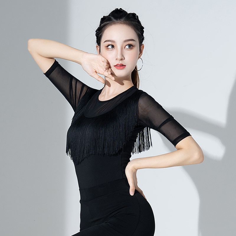 baile latino baile de salón ropa de deporte top con flecos borla fruncido color puro mujer entrenamiento de rendimiento media manga poliéster 2026 - $35.99 –P2