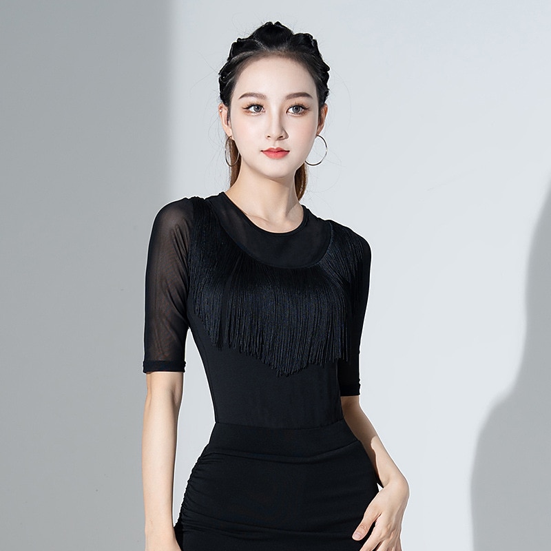 baile latino baile de salón ropa de deporte top con flecos borla fruncido color puro mujer entrenamiento de rendimiento media manga poliéster 2026 - $35.99 –P5