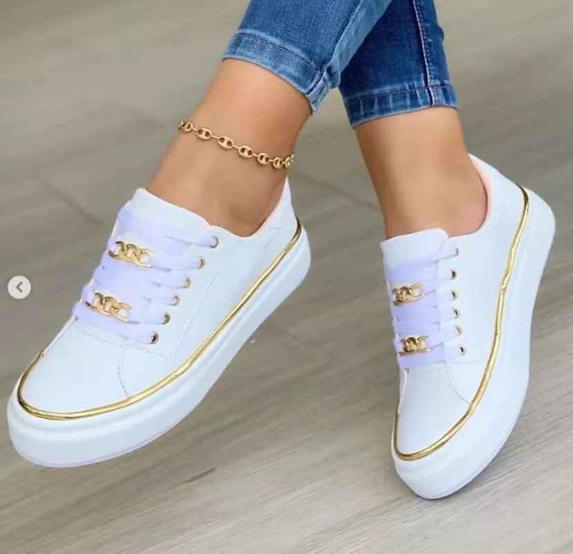 Women's Flats Plus Size Platform Sneakers Daily Solid Color Summer Platform Round Toe Casual Faux Leather Lace-up Black White Gold 2023 - AED 94.99 –P6