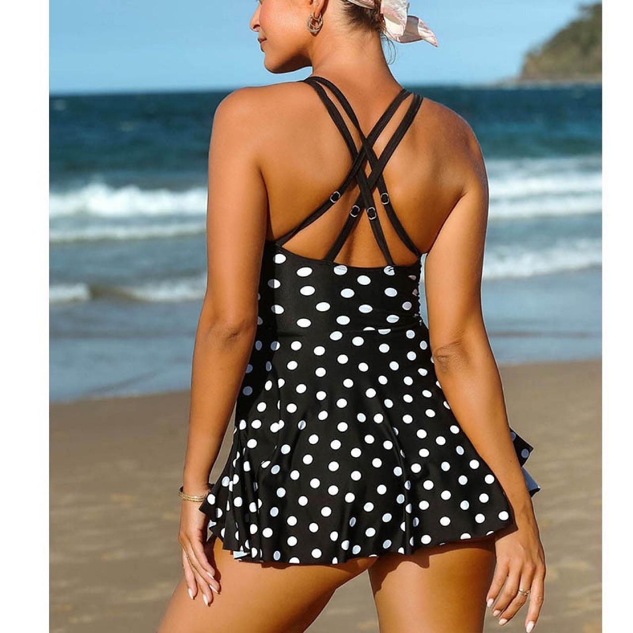 1 pcs Badkläder One-piece Baddräkter Retro / vintage Femtiotal Dam Prickig Polyester Svart Blå Klänning 2025 - $30.99 –P5