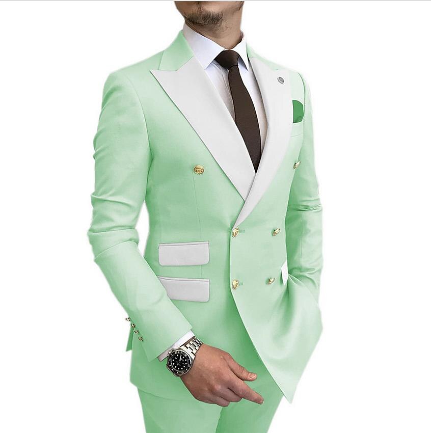 Heren Trouwen Prom Pakken Champagne Blauw Effen Kleur Standaard Fit 2 Delig Dubbel Breasted Zes-knopen 2025 - $131.99 -P6