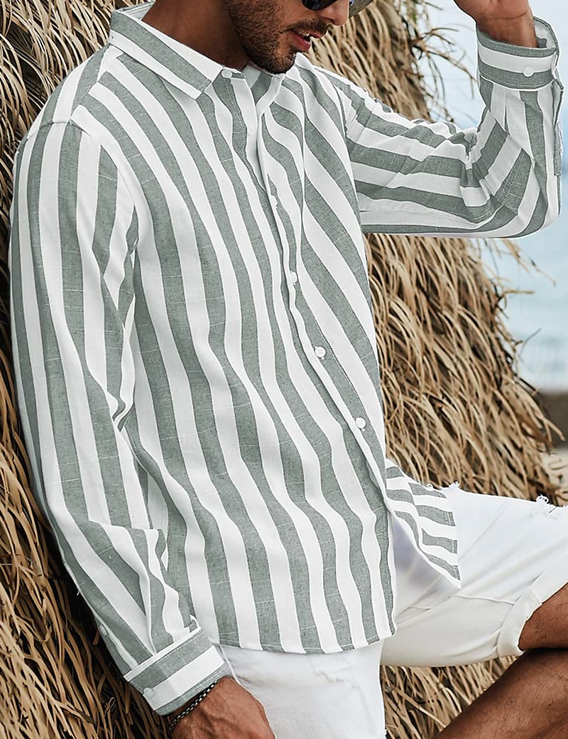 Men's Shirt Summer Shirt Beach Shirt Black Blue Green Long Sleeve Striped  Lapel Spring & Summer Hawaiian Holiday Clothing Apparel Print 2024 - $23.99