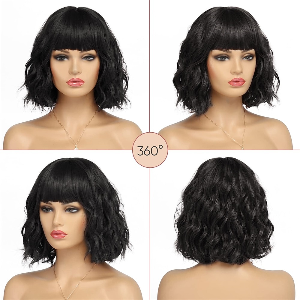 korte wit zilveren pruiken voor vrouwen ombre zwart en grijs krullend pruik met pony halflang synthetisch haar water wave bob pruik grijze kleurrijke pruiken 2025 - $24.99 –P20