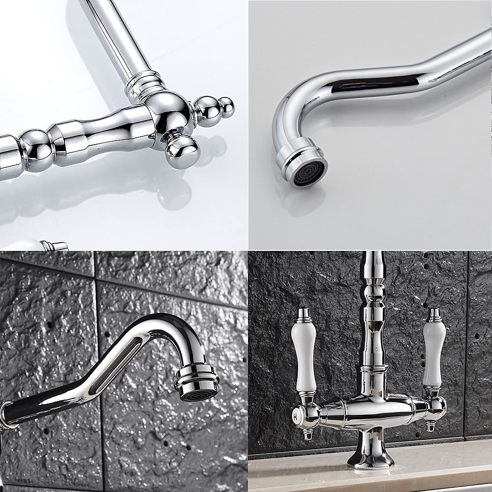 Twin Lever Traditional Kitchen Sink Mixer Taps, Dual Lever Cold and Hot Faucet Deck Mounted, 360° Swivel Spout Sink Tap with 2 Ceramic Handles, Antique Brass Classic Double Handle for Kitchen Bathroom 2025 - $113.99 –P4