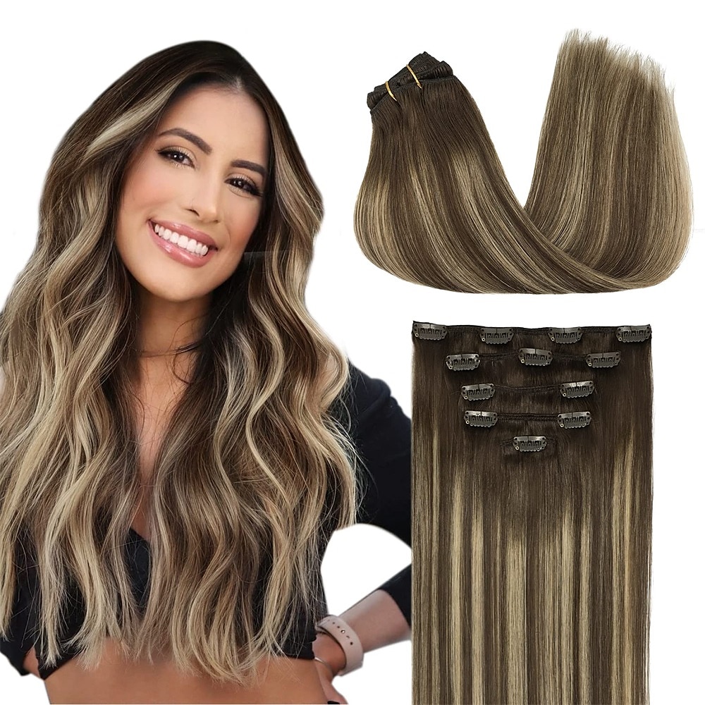 grampo em extensões de cabelo cabelo humano real 5pcs 80g balayage marrom chocolate a mel loiro 18 polegadas portas extensões de cabelo grampo em extensões de cabelo liso natural de 2025 por $82.99 –P1