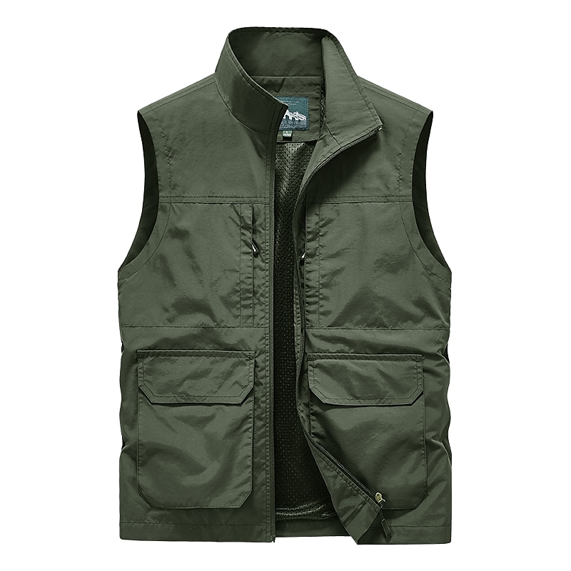 Men's Fishing Vest Sleeveless Vest Outdoor Modern Contemporary All Seasons Multi Pocket Chinlon Outdoor Solid / Plain Color Zipper Standing Collar Standard Fit Black ash-colored khaki Army Green Vest 2025 - $36.99 –P1