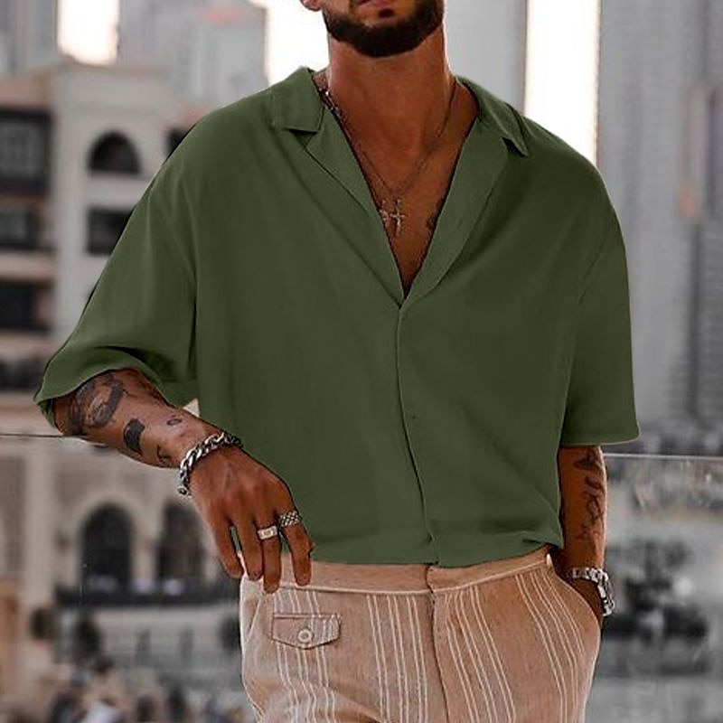 Men's Shirt Cuban Collar Shirt Button Up Shirt Black White Navy Blue Brown Green Short Sleeve Plain Camp Collar Vacation Daily Clothing Apparel Cotton Cotton Blend Fashion Casual Comfortable 2025 - $21.99 –P2