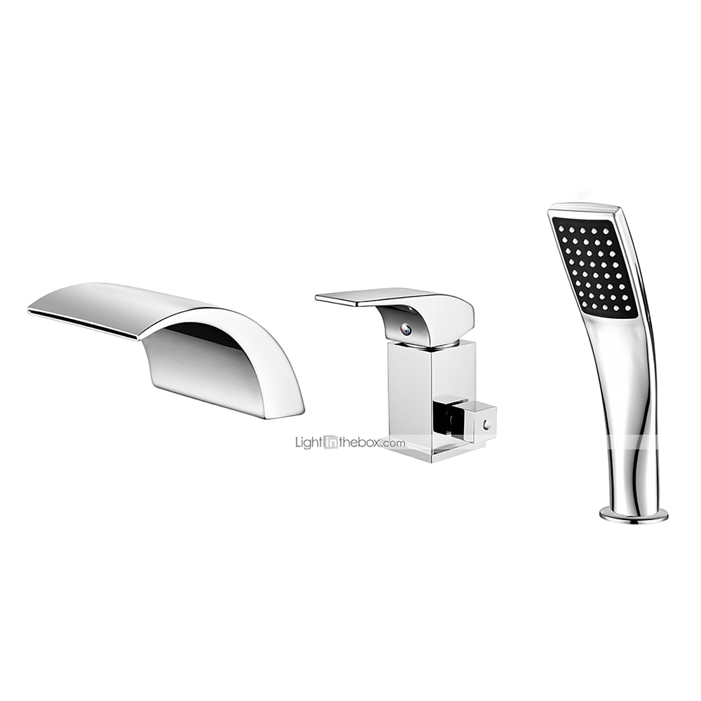 waterval bad kraan badrandcombinaties, badvuller mengkraan set handheld 3 gat 2 uitloop met handsproeier, messing douche keramische klep kit badkamer 2025 - $194.99 –P2