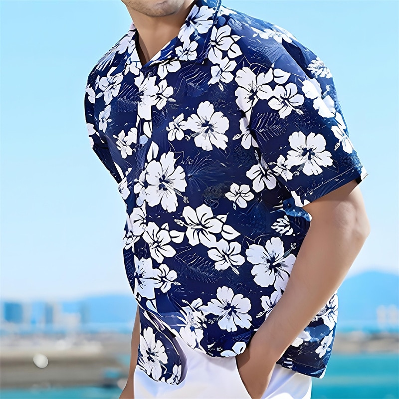 Herr Blommig Tropiska blommor Skjorta Sommarskjorta Strandskjorta Kortärmad Skjorta Nedvikt Mode Andningsfunktion Bekväm Utomhus Gata Ledigt Havsblått Blå Blå / vit S M L 2025 - $24.99 –P1