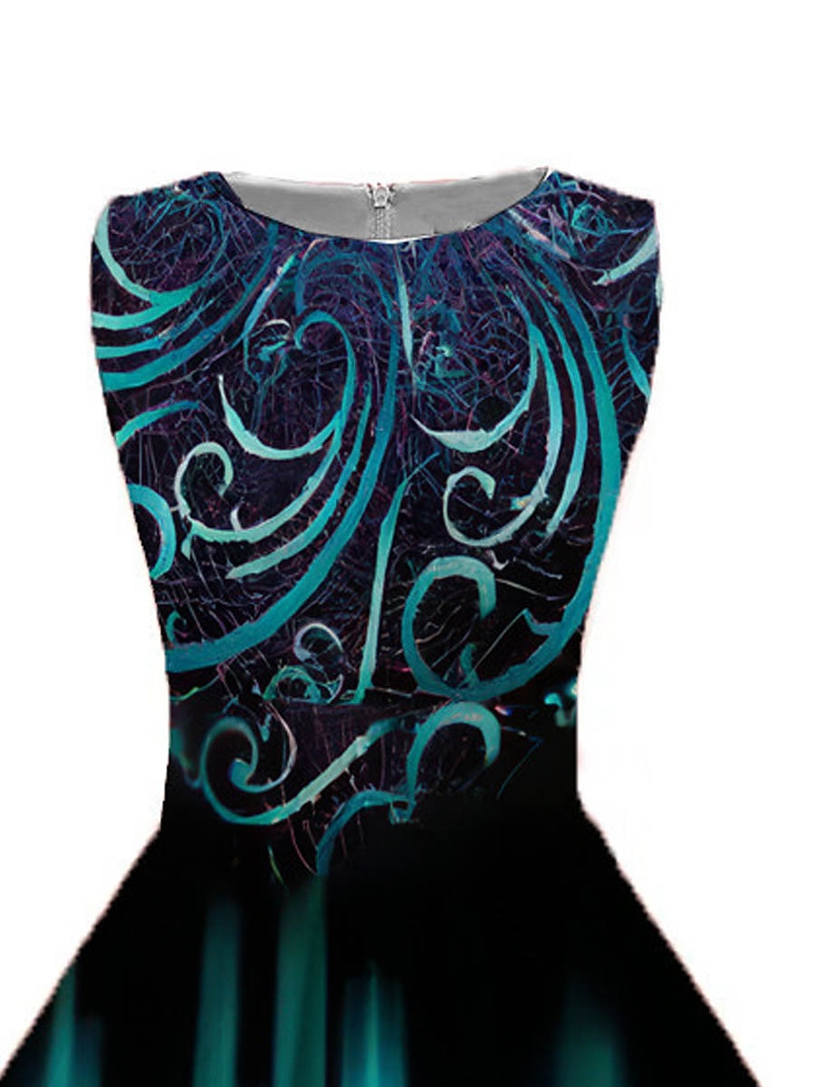 damen vintage elegant vintage tee kleider midi kleid daily date geraffter druck blumen rundhalsausschnitt ärmellos slim sommer frühling 2023 blau s m l xl 2026 - $24.99 –P3