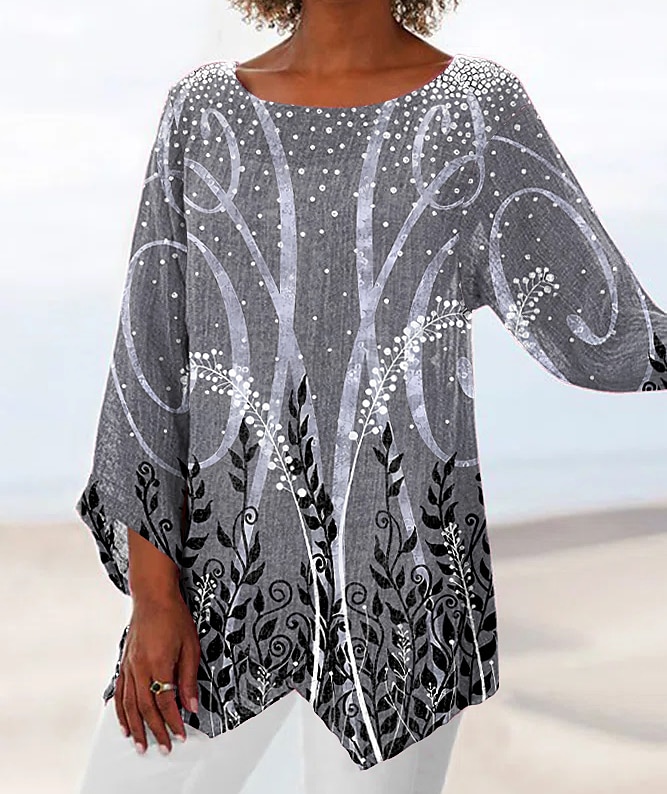 Blouse femme chiffon basique quotidienne à feuilles imprimé manches longues hauts longs col rond décontracté vacances bleu vert gris automne hiver de 2025 ? $24.99 –P3