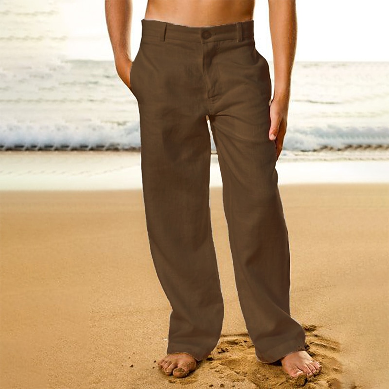 2026年 男性用 リネンパンツ ズボン サマーパンツ ビーチパンツ フロントポケット まっすぐな足 平織り 履き心地よい 高通気性 カジュアル 日常 祝日 ファッション ベーシック ブラック ホワイト  コレクション – $28.99 –P11