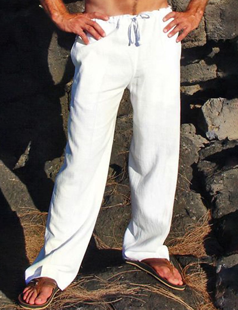 AUDATE Mens Pants Summer Beach Trousers Cotton Linen Trouser Casual  Lightweight Drawstring Yoga Pant