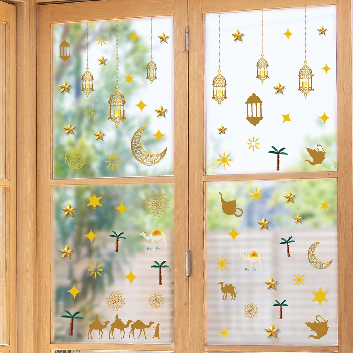 Ramadan Festival 2 Pcs  Moon Lantern Star Wall Decal Paper Static Sticker Glass Sticker Window Double-sided Visible Decorative Wall Decal Muslim 2025 - $7.49 –P1