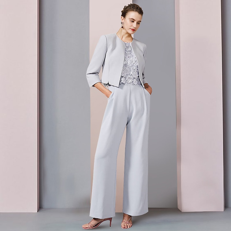 Pantsuit 3 Piece Mother of the Bride  Formal Wedding Guest Elegant Scoop Neck Ankle Length Chiffon Lace Sleeveless with Appliques free custom size 2025 - $159.99 –P3
