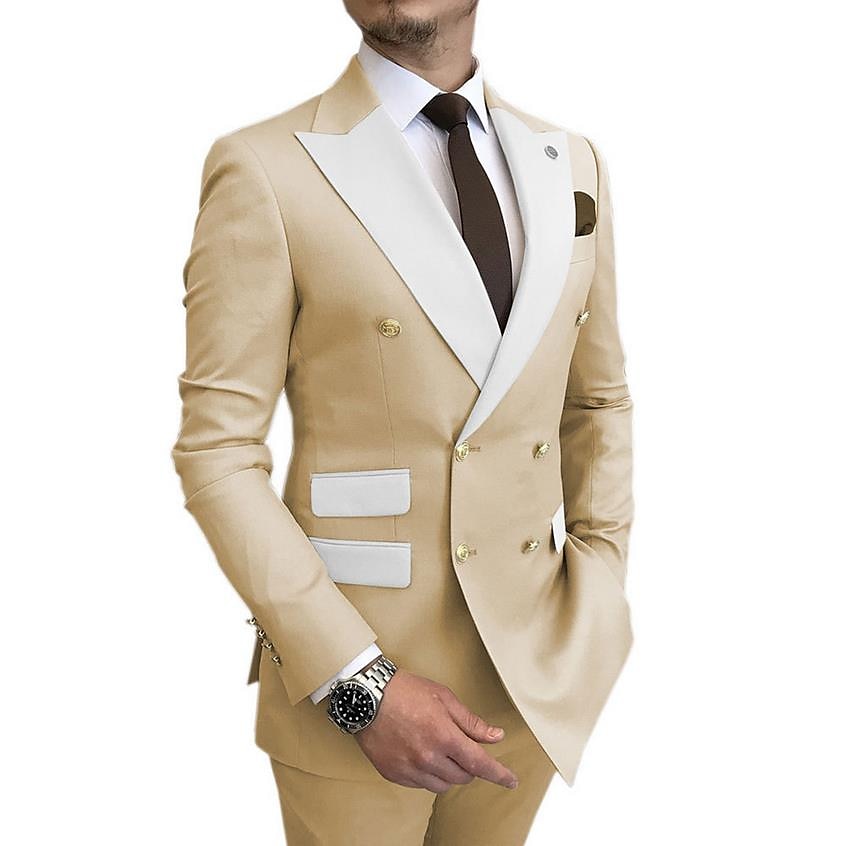 Heren Trouwen Prom Pakken Champagne Blauw Effen Kleur Standaard Fit 2 Delig Dubbel Breasted Zes-knopen 2025 - $131.99 -P12