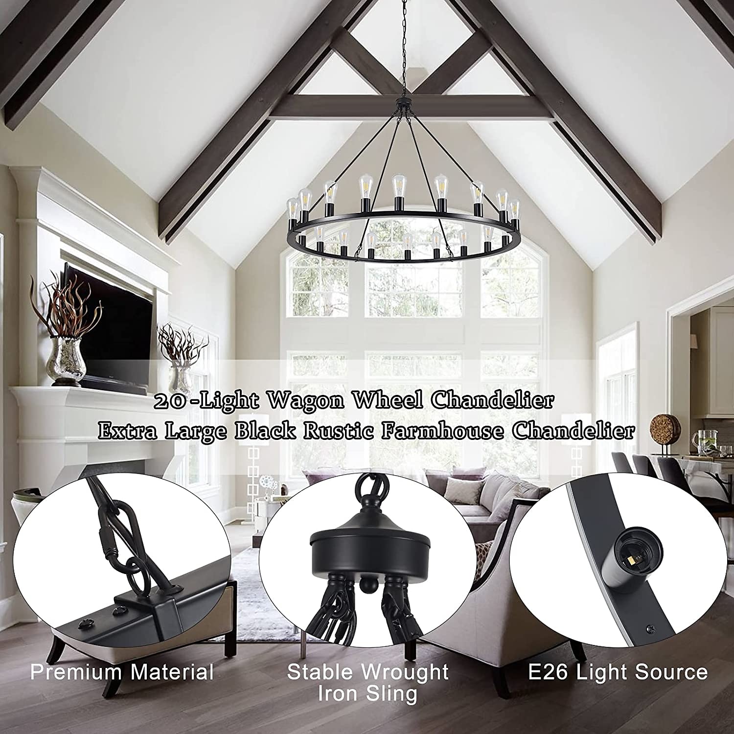 LED Chandelier Black on Wheels 20-Light Large Round Rustic Countryside Chandelier Industrial Light Fixture for Dining Room Living Room Kitchen Island Foyer Hallway 2025 - $453.89 –P5