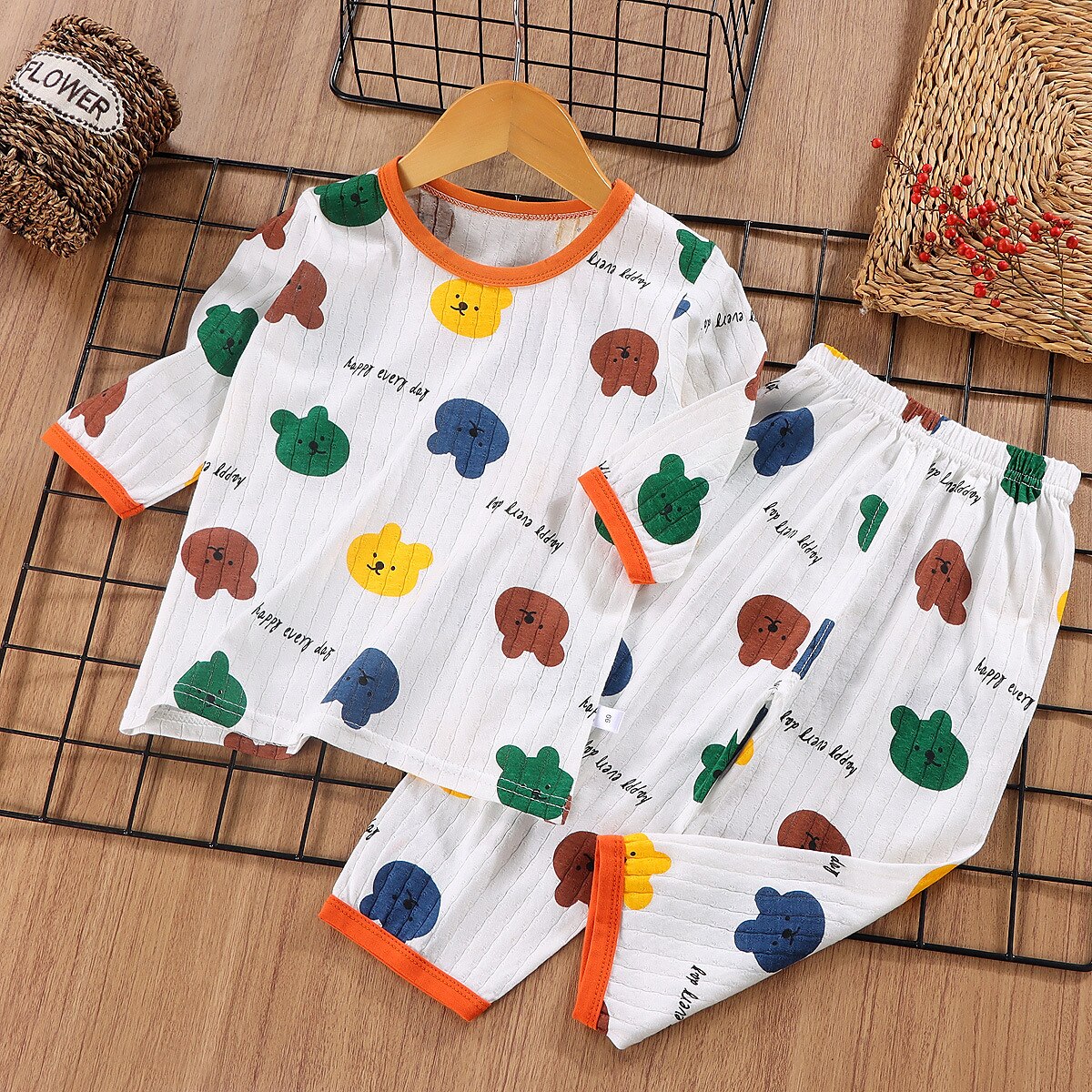 Conjuntos de pijama de 2 piezas para niños, manga 3/4, manga 3/4, manga tres cuartos, diseño de oso cereza, manga tres cuartos, conejo morado, dibujos animados, cuello redondo, verano, primavera, uso diario, hogar, 3-7 años 2025 - $11.99 –P3