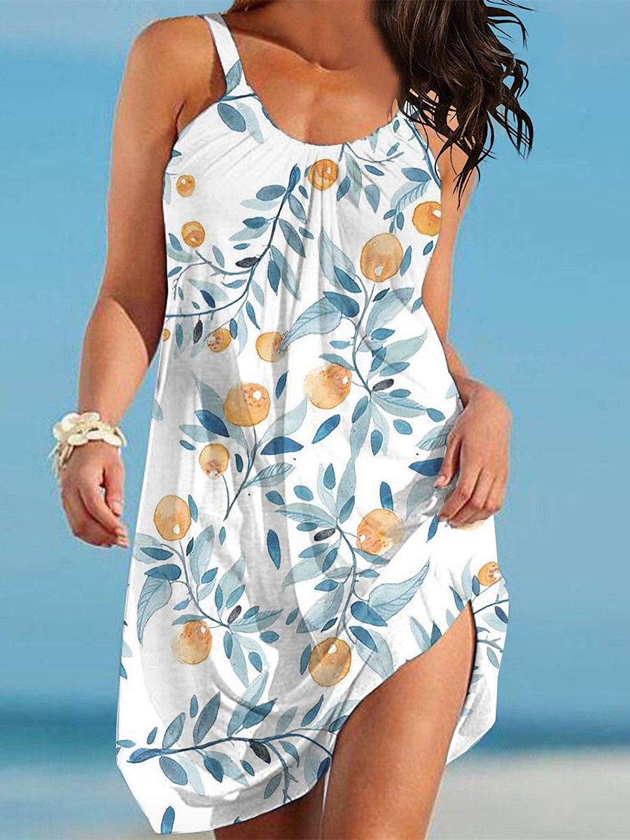 Dam Mini klänning Strandklänning Grundläggande Ledigt Semester Dagligen Utekväll Normal Blommig Löv Ärmlös Smala axelband Vit Rodnande Rosa Kungsblå Blå Sommar Vår 2025 - $31.99 –P3
