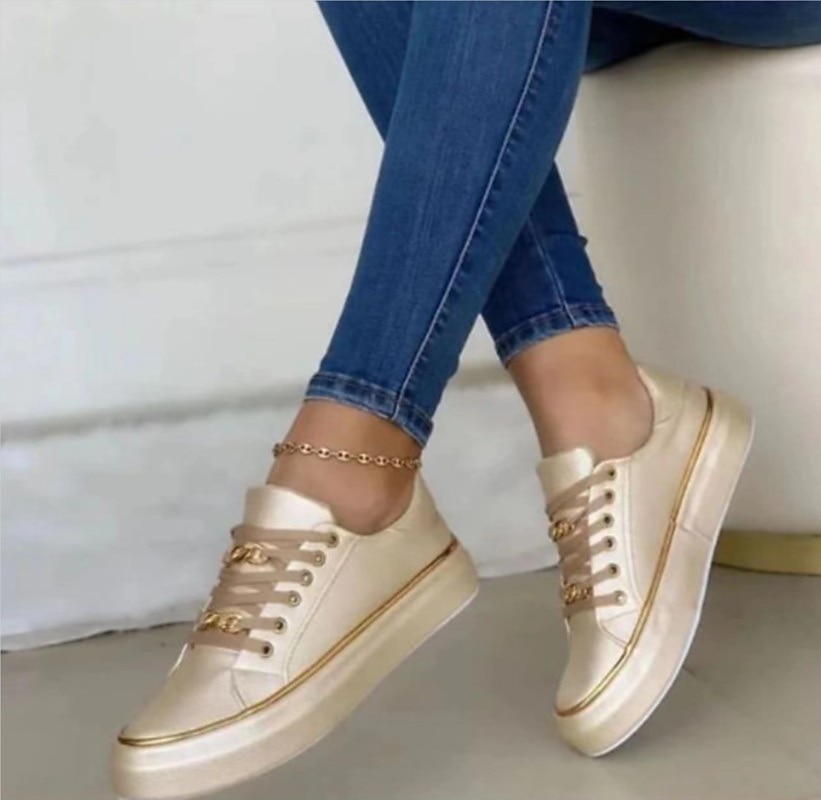 Women's Flats Plus Size Platform Sneakers Daily Solid Color Summer Platform Round Toe Casual Faux Leather Lace-up Black White Gold 2023 - AED 94.99 –P1