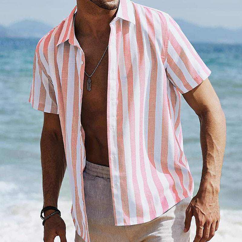 Per uomo Camicia Camicia Estiva Camicia casual Camicia da Spiaggia Camicia con Bottoni Camicie a righe Nero Rosa Verde Blu scuro Grigio Manica Corta A righe Bavero Vacanza Streetwear Stampato del 2025 a $20.99 –P15