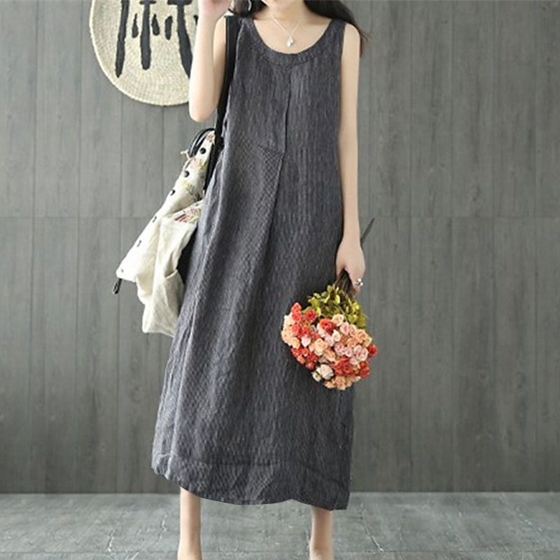 Women's Casual Dress Cotton Linen Dress Shift Dress Maxi long Dress Cotton Blend Casual Daily Holiday Vacation Crew Neck Pocket Cold Shoulder Sleeveless Summer Spring 2023 Regular Fit Black Gray Pure 2023 - US $28.99 –P1