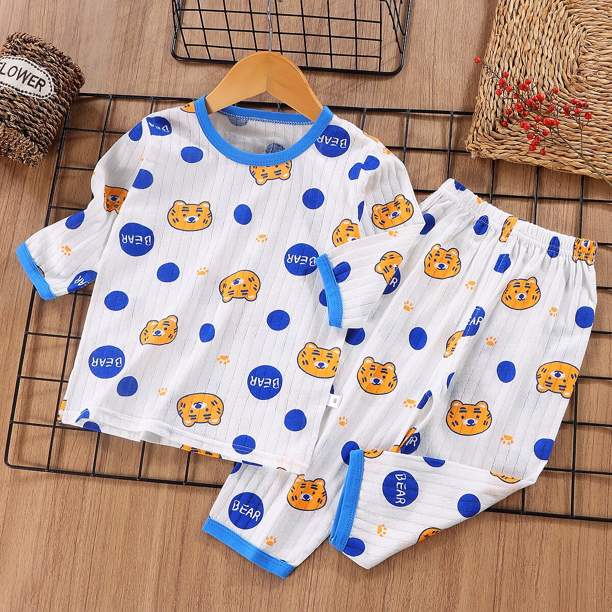 Conjuntos de pijama de 2 piezas para niños, manga 3/4, manga 3/4, manga tres cuartos, diseño de oso cereza, manga tres cuartos, conejo morado, dibujos animados, cuello redondo, verano, primavera, uso diario, hogar, 3-7 años 2025 - $11.99 –P5