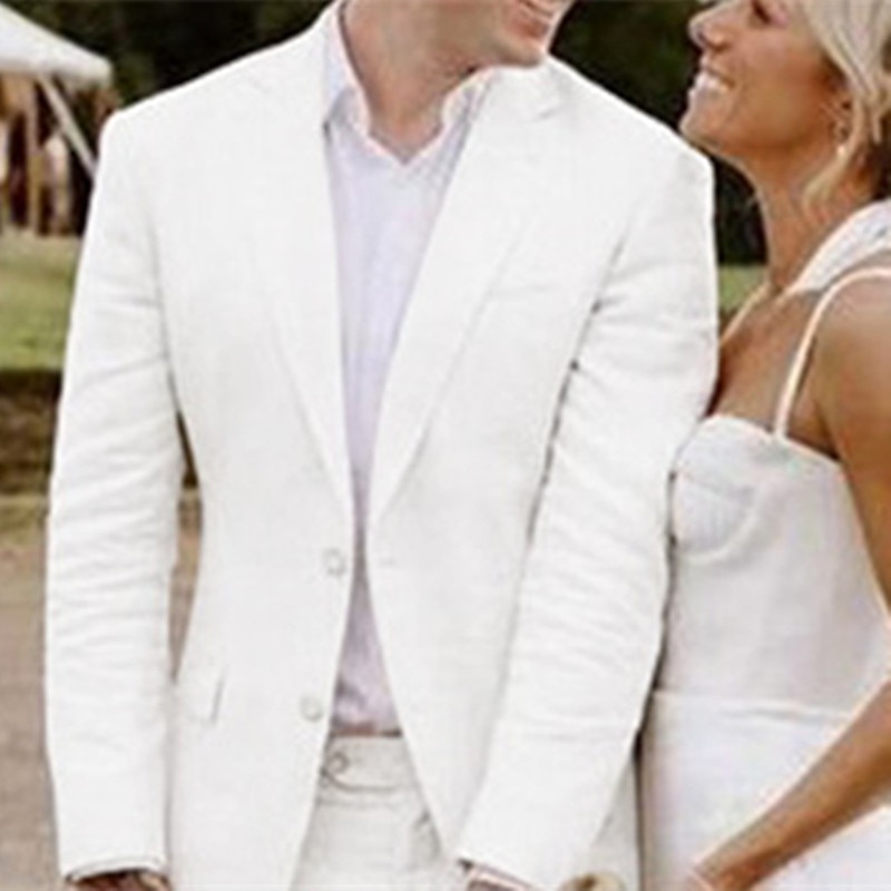 Costumes de plage pour hommes mariés blancs été couleur unie coupe ajustée 2 pièces simple boutonnage à deux boutons de 2025 ? $116.99 –P1