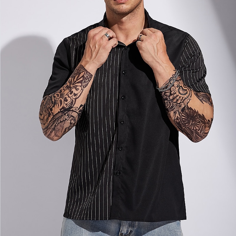 Men's Striped Shirt Casual Shirt Button Up Shirt Short Sleeve Shirt Turndown Outdoor Vacation Black Plus Size Clothing Apparel Modern Style Retro Vintage 2025 - $22.99 –P2