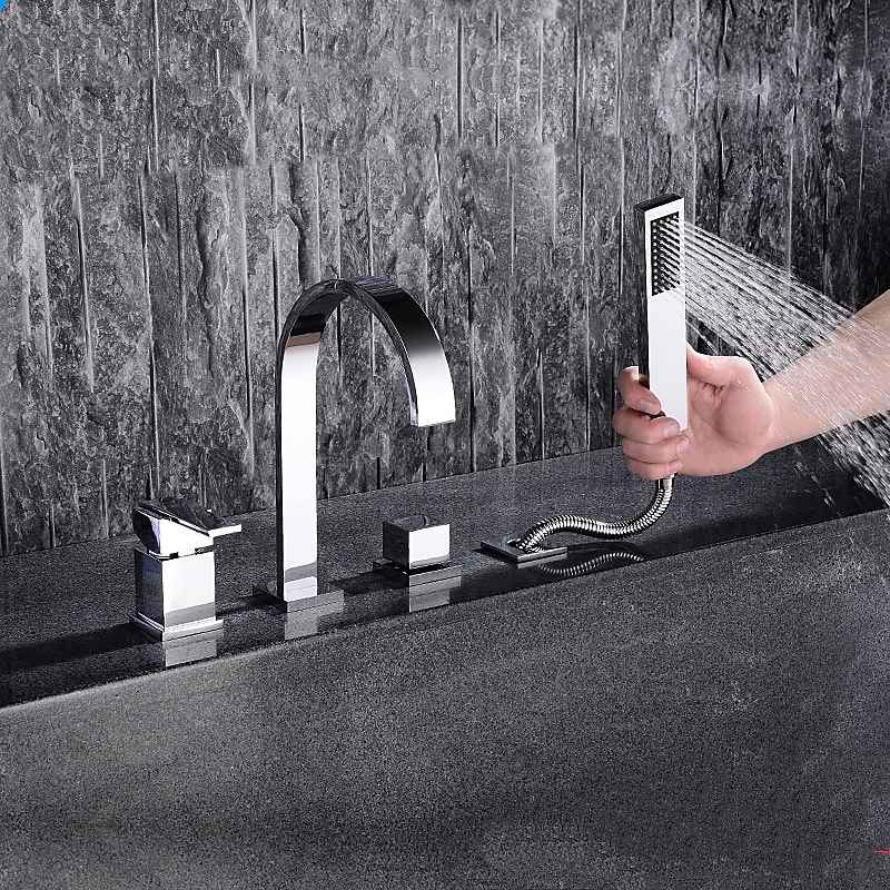 grifo de bañera montado en cubierta, grifo de baño generalizado bañera romana grifo mezclador de llenado de latón, rociador de ducha de 4 orificios y 2 manijas con manguera de agua fría y caliente 2025 - $234.89 –P2