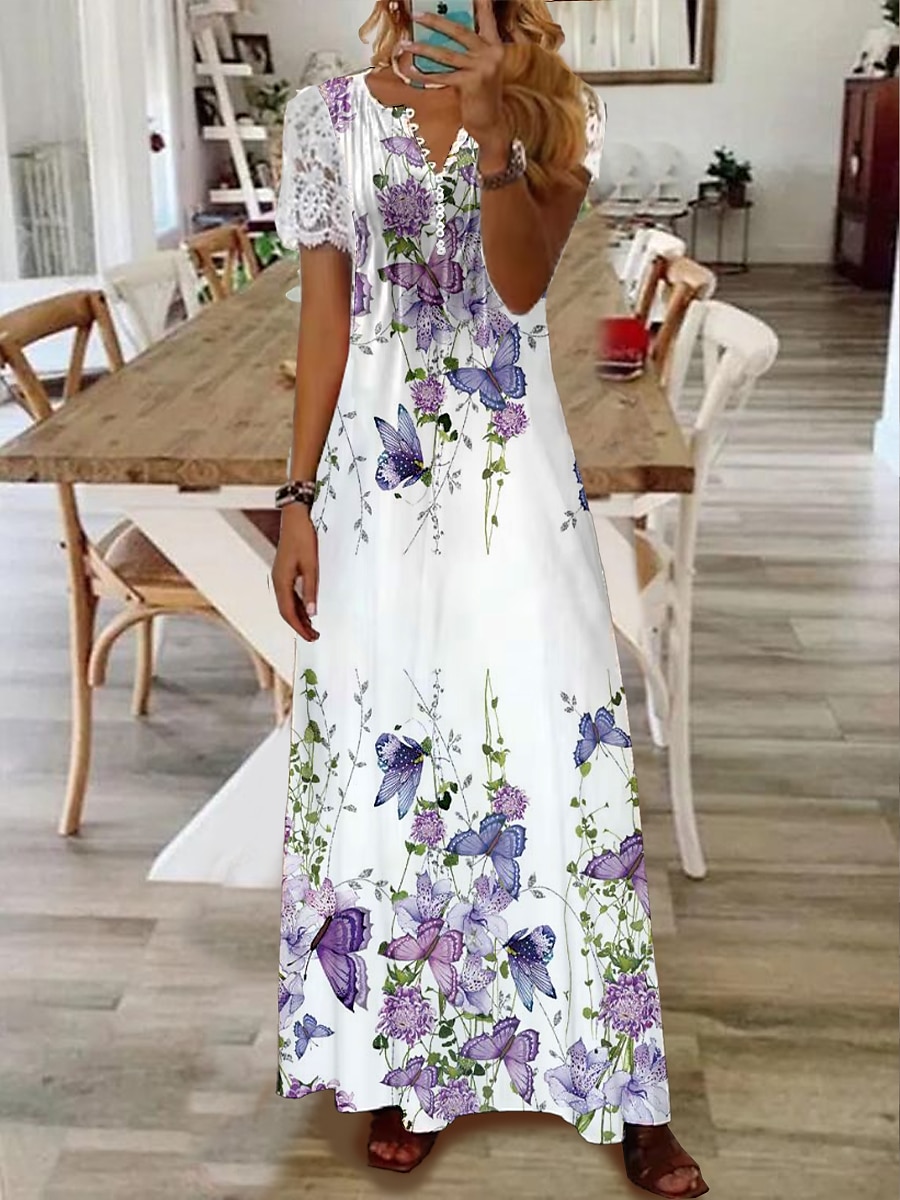 Women's Floral Lace Pleated Dresses Long Dress Maxi Dress A Line Dress  Print Dress Spring Dress