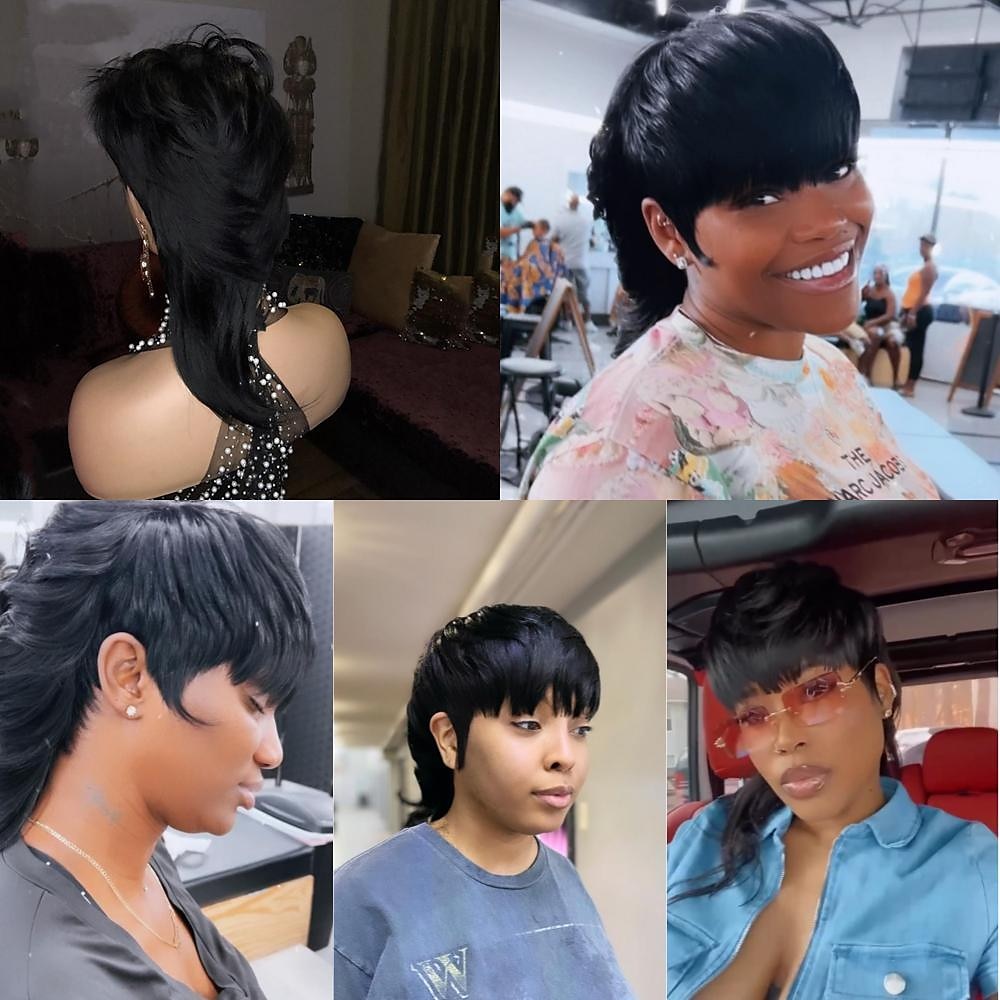 Perruque de cheveux humains brésiliens ondulés avec frange mulet, 10 pouces, entièrement faite à la machine, coupe lutin courte, pour femmes de 2025 ? $51.99 –P12